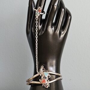 Vintage G&S Hand Chain Ring Hearts Slave Bracelet Crushed Red Blue Stone Resin